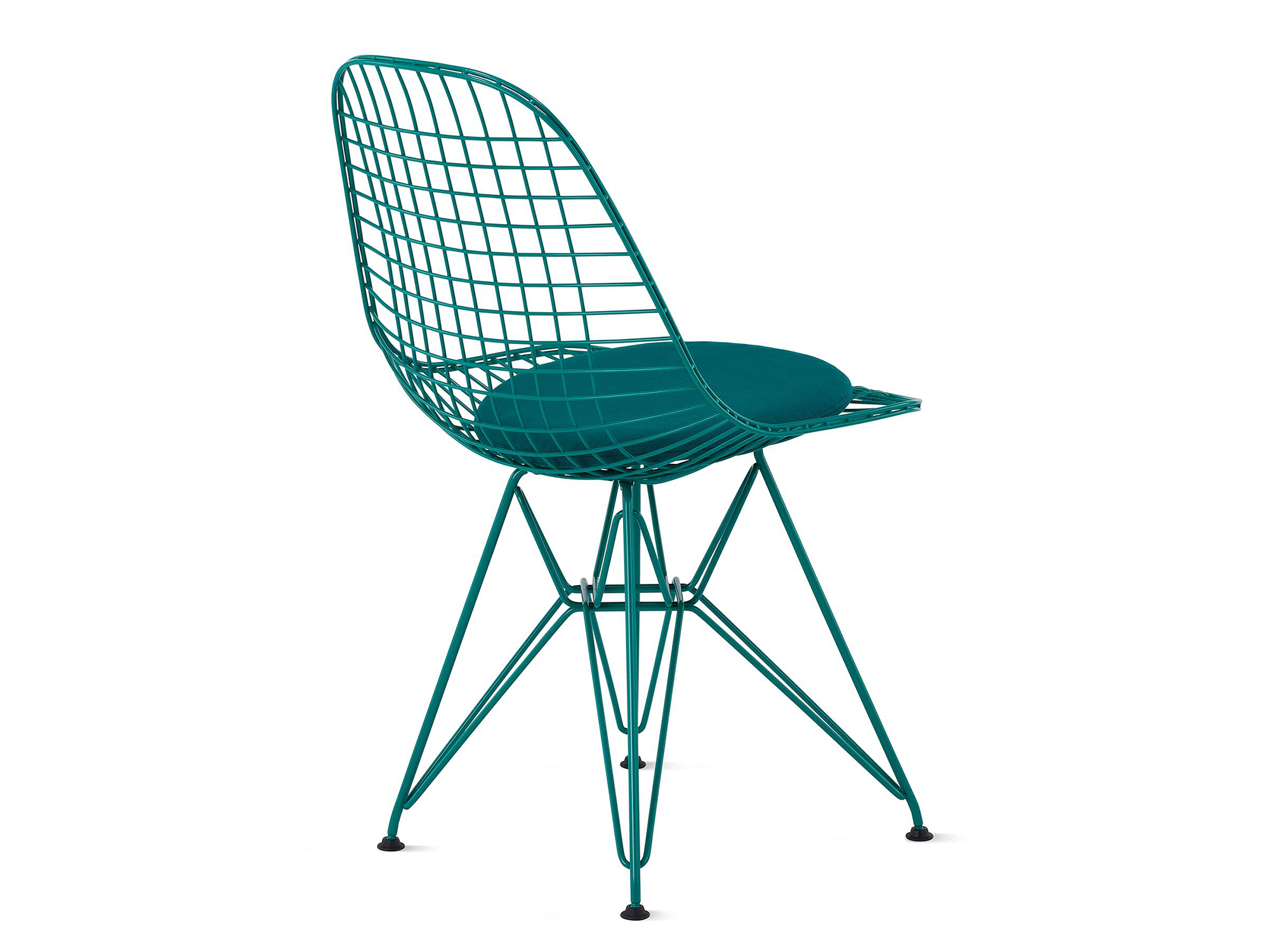 Mint green wire upholstered chair with wire base back angle view